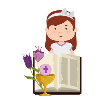 little girl with bible and flowers first communion