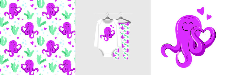 Seamless pattern and illustration for kid with purple octopus. Cute design on pajamas mockup. Baby background for clothes wear, room birthday decor, t-shirt print, baby shower invitation, wrapping