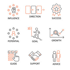 Modern Flat thin line Icon Set in Concept of Mentoring and Coaching with word Influence,Direction,Success,Potential,Goal,Growth,Guide,Support,Advice. Editable Stroke