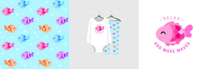 Seamless pattern and illustration for kid with fish, quote Relax and make waves. Cute design on pajamas mockup. Baby background for clothes wear, room decor, t-shirt, baby shower invitation, wrapping