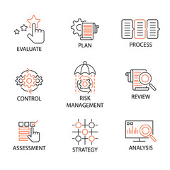 Modern Flat thin line Icon Set in Concept of Business and Risk Management with word Evaluate,Plan,Process,Control,Risk Management,Review,Assessment,Strategy,Analysis. Editable Stroke