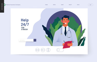 Medical insurance template -help 24 per 7, call us -modern flat vector concept digital illustration of male doctor with headset talking on the phone for a medical consultation. Medical company service