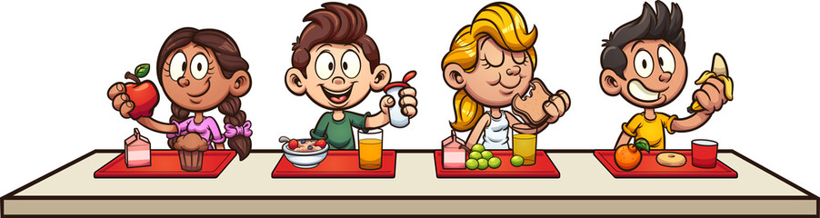 Cartoon kids eating breakfast at school clip art. Vector illustration with simple gradients. Some elements on separate layers. 