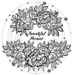Fototapeta premium Vector illustration. Beautiful Peonies. Handmade, prints on T-shirts, tattoos, background white.sacred geometry