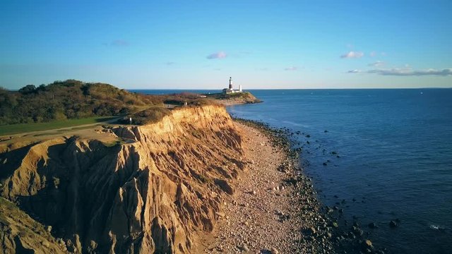 Montauk Lighthouse and beach aerial shot, Long Island, New York, USA. 