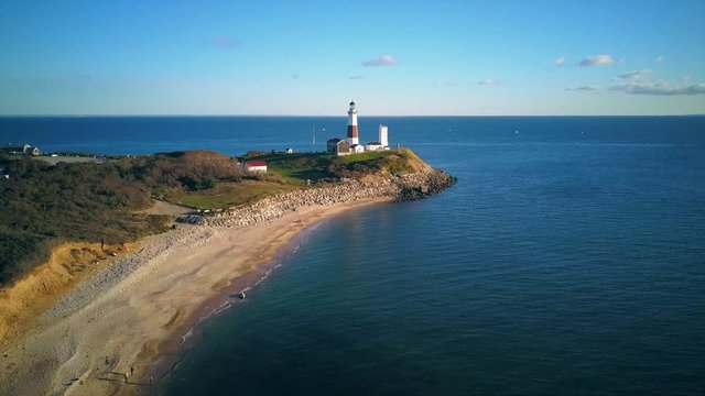 Montauk Lighthouse and beach aerial shot, Long Island, New York, USA. 