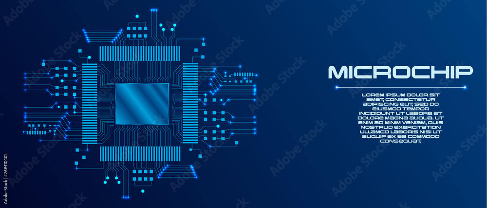 Poster microchip processor with lights on the blue background. ai. circuit board. technology background. ce