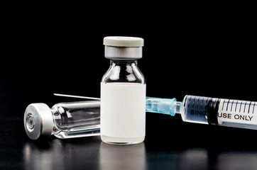Syringe, medical injection and bottle.