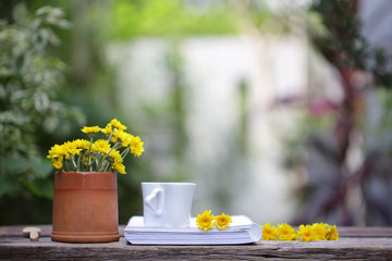 white coffee cup with small flower pot and notebooks with flowers