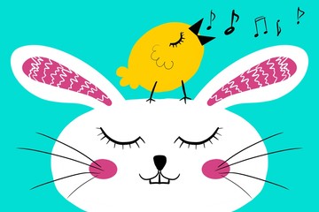 Happy bunny and bird illustration 