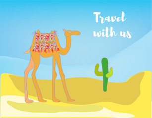 Travel background with desert and camel. Vector graphic illustraiton