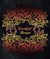 Vector illustration. Beautiful Peonies. Handmade, background chalkboard, tattoos, prints on T-shirts.red yellow brown colors