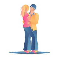 A young pair of lovers gently hug each other on a white background. A man holds a woman by the waist, the girl strokes the guy on the cheek. Gentle pastel colors, gradient flut vector illustration