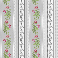Tropical flowers and leaves and vertical border of twigs with leaves. Seamless pattern