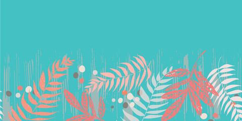 Beautiful overlapping ferns seamless border, natural textured background. Great for textiles, stationery, journal covers, banners and graphic design projects. Turquoise, coral and light tan.