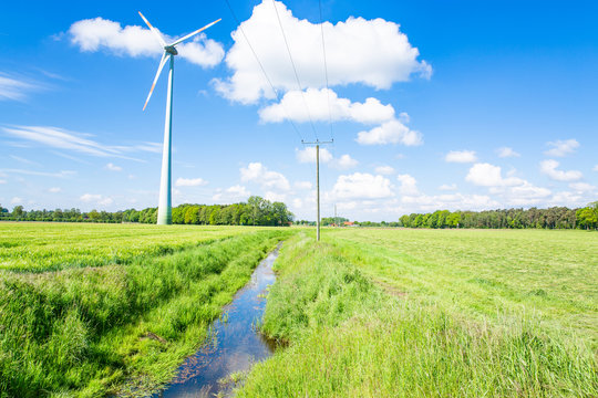 Scenic landscape with wind turbine near Sassenberg in Westphalia, Germany