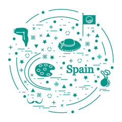 Obraz premium Vector illustration with various symbols of Spain arranged in a circle. Travel and leisure.
