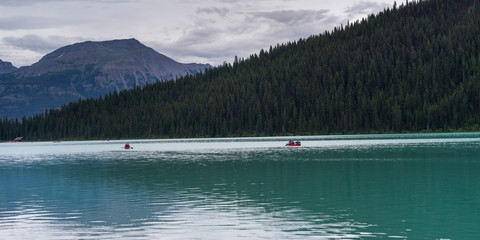 Tourists boating in Lake Louise, Improvement District 9, Banff National Park, Jasper, Alberta, Canada