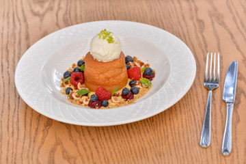 pancakes with ice cream and berries