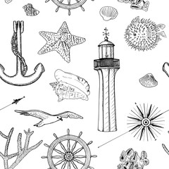 Naval seamless vector pattern set nautical silhouette symbols. Gulls, helm, steering wheel, anchor, light house, shell, wind rose, sea star, starfish
