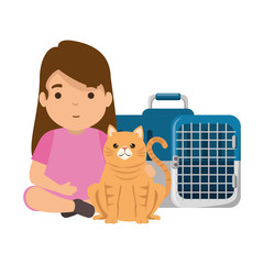cute little girl with kitty in transport box © Gstudio