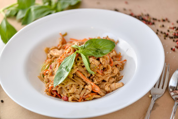 pasta with chicken and vegetables decorated with basil on a white plate