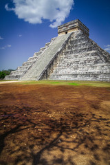 Fototapeta na wymiar A vertical view of Chichen Itza, archeological site of a large pre-columbian city built by the Maya people of the Terminal Classic period, located in Tinúm Municipality, Yucatan, Mexico