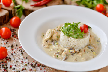 rice in a plate with sauce decorated with arugula and tomato