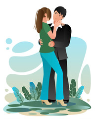 A young guy holds his girlfriend by the waist, a woman gently strokes a man's cheek. A pair of lovers cuddle on the green lawn. Template, flat design, vector illustration.
