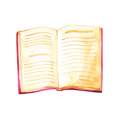 Watercolor sketch of open book isolated on white background