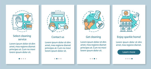 Cleaning service booking onboarding mobile app page screen, linear concepts