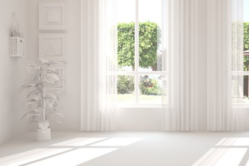 Stylish empty room in white color with summer landscape in window. Scandinavian interior design. 3D illustration