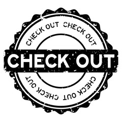 Grunge black check out word round rubber seal stamp on white background