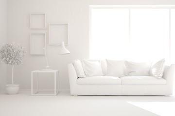Mock up of stylish room in white color with sofa. Scandinavian interior design. 3D illustration