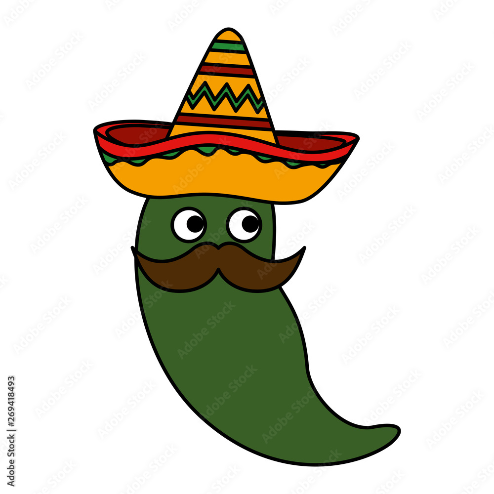 Wall mural chili pepper with mexican hat and mustache character