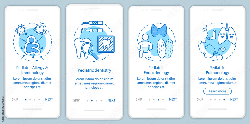 Poster pediatric services onboarding mobile app page screen with linear concepts