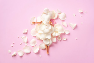 Girl doll under white rose petals. Gift for Women's day, Mother's day. Creative layout. Top view, flat lay. Minimal holiday concept