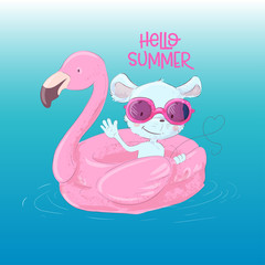 Illustration of a greeting card or a princess for a children s room - a cute maus on an inflatable circle in the form of a flamingos, vector illustration in cartoon style