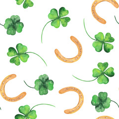  Watercolor pattern with clover, horseshoe and clover flowers. Perfect for postcards for St. Patrick's Day