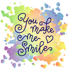 Modern calligraphy lettering of You make me smile with heart in blue on watercolor background