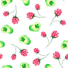  Watercolor pattern with clover, horseshoe and clover flowers. Perfect for postcards for St. Patrick's Day