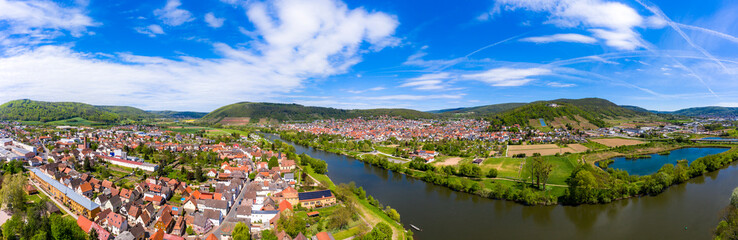 Fototapeta na wymiar Aerial view, view of Kleinheubach and Großheubach, Miltenberg am Main, Lower Franconia, Bavaria, Germany