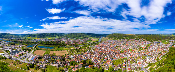 Aerial view, view of Kleinheubach and Großheubach, Miltenberg am Main, Lower Franconia, Bavaria, Germany © David Brown