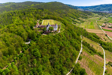Aerial view, view of Franziskanerkloster Engelberg, Miltenberg am Main, Lower Franconia, Bavaria,...