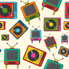 Turntables and retro television hand drawn pop art style seamless pattern.