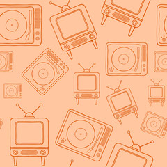 Turntables and retro television hand drawn line art style seamless pattern.