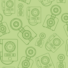 Vintage cameras and phones hand drawn line art style seamless pattern.