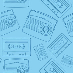 Vintage radios and audio cassettes hand drawn line art style seamless pattern.