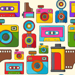 Retro cameras and audio cassettes hand drawn pop art style seamless pattern.