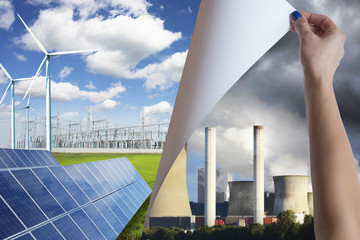 Pollution versus green environment renewable energy concept